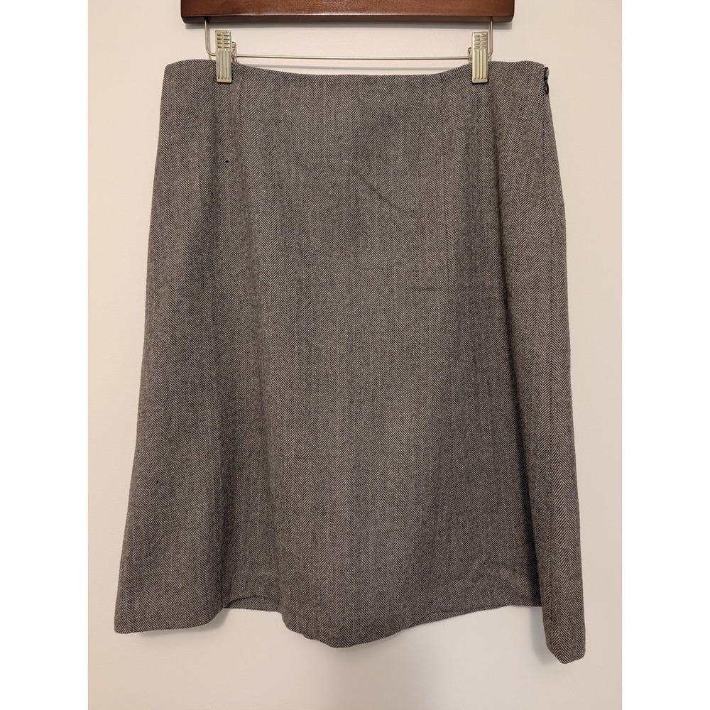 J Crew 100% Wool Herringbone A-Line Knee Length Skirt Brown Grey Lined 12